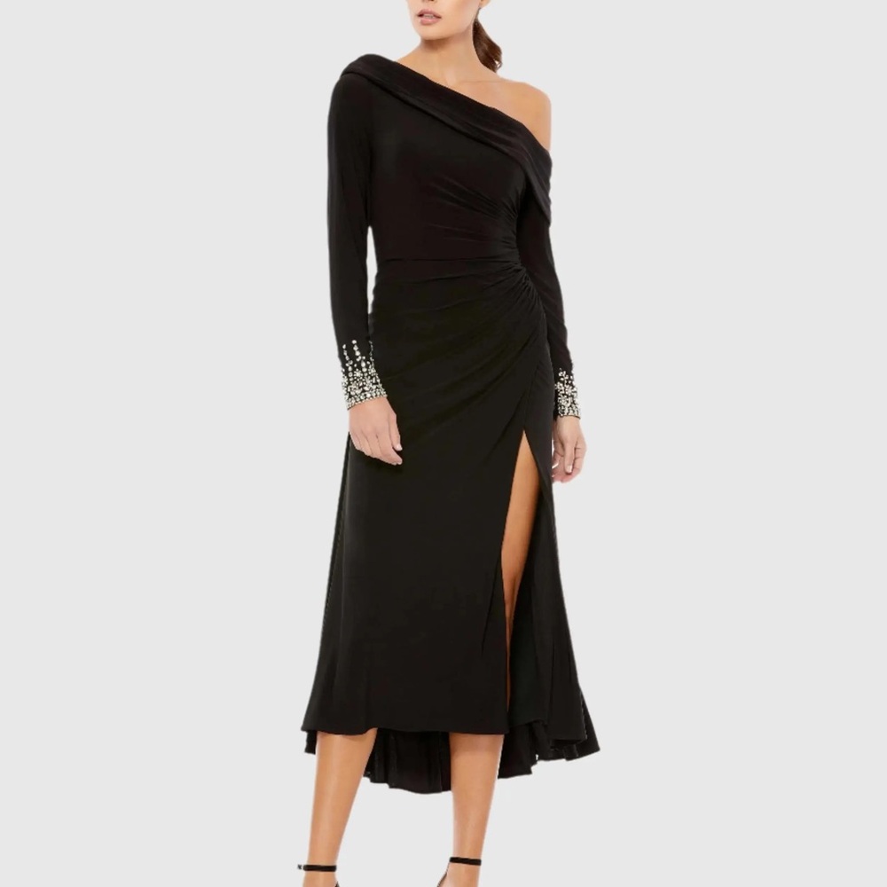 Mac Duggal Black Long Sleeve Dress with Silver Accents